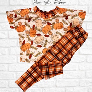 Fall Plaid and Pumpkin Lounge Set/Pumpkin Crop Top/Plaid Leggings/Boho Pumpkin Outfit/Baby Girl Fall Outfit