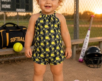 Mono corto de softbol con cuello halter y corazón / Mono corto de softbol para niñas / Mono corto de bebé con lazo en la espalda / Conjunto de softbol de verano / Pixie Stix Fashion