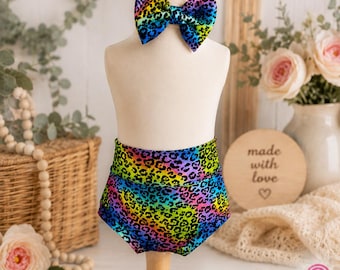 Neon Leopard Bummies | Rainbow Cheetah Baby Shorts | Bummie & Bow Set | Boutique Baby Outfit | Yoga Waist Bummies