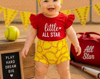 Softball Bummies & Bow Headwrap Set | Girls Softball Outfit | High Waisted Bummies | Baby Toddler Softball Boutique Outfit | NB-5T
