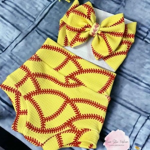 Yellow Stitches Softball Baby Girl Bummies, Softball Baby, Toddler Softball Bummie and Bow Set, Baby Shower Gift, Softball Team Baby