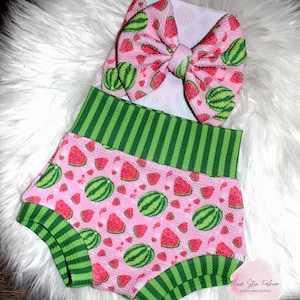 Watermelon Sugar Baby Bummie Set/Infant-Toddler High Waisted Shorts/Bummie and Bow Set/Watermelon Birthday/Birthday Outfit/ Melon Shorts
