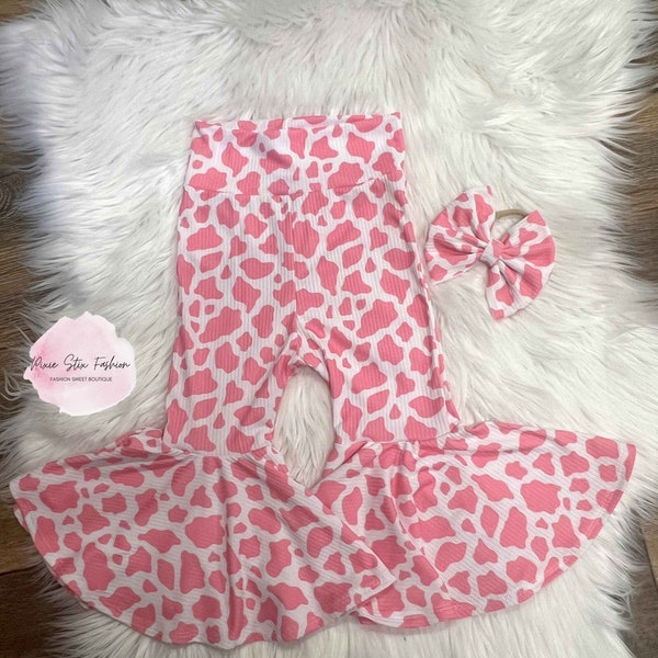 Pink Cow Spots Ultra Flare Bell Bottoms/Baby Girl Bell Bottoms/Pink Cow Spots Bell Bottoms and Bow/Baby Girl Western Bell Bottoms