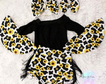 Baby Girl Sunflower and Cow Spots Outfit/Bell Sleeve Leotard/Baby Girl Fringed Bummies/Sunflower Bow/Sunflower Outfit/Cowgirl Outfit