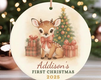 Personlig julgranskulor med babyshowermotiv 2025, julgranskulor med babyshowermotiv, pojke- och flicknamn, julgranskulor med hjortmotiv