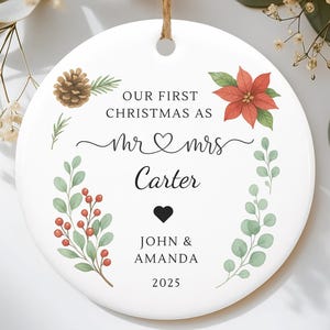 First Christmas Married Bauble,Ceramic Christmas Tree Decoration Gift Ornament,Personalized First Christmas as Mr & Mrs Keepsake for Wedding
