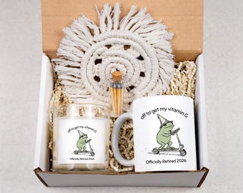 Retirement Gift Box, Funny Care Package, Mug Candle Set Box, Retired Gift Basket for Nurse Police Firefighter, Off to Frog Scooter Riding
