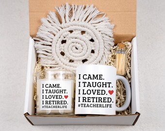 Retirement Gift Box, Funny Care Package, Mug Candle Set Box, Retired Gift Basket for Teacher Principal, I Came I Taught Farewell Keepsake