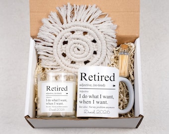 Personalized Retirement Gift Box, Care Package, Mug Candle Set Box, Retired Gift Basket for Nurse Police Firefighter, Retired Definition