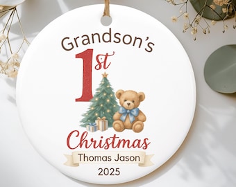 Kleinzoon's eerste kerstornament, mijn 1e kerstbal, gepersonaliseerd cadeau voor kleinzoon, nieuwe babyjongen eerste kerstmis keramisch ornament
