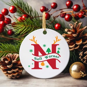 Adorno con nombre y letra, adorno con inicial personalizado, adorno familiar 2025, adorno personalizado con nombre, adorno con monograma, regalo de Navidad