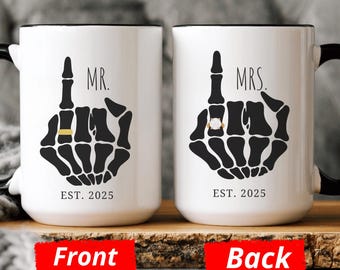 Funny Mr And Mrs Mug,Bride Skeleton Hand, Engagement Gift, Couple Coffee Mug Set, Goth Bride Gift,Skeleton Wedding, Halloween Wedding Gifts