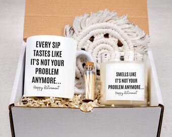 Retirement Gift Box, Funny Care Package, Mug Candle Set Box, Retired Gift Basket for Nurse Police Firefighter, It's Not Your Problem Anymore