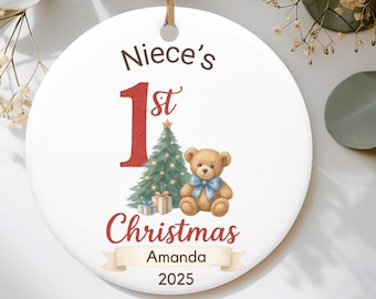 Eerste kerstornament nichtje, mijn 1e kerstbal, gepersonaliseerd cadeau voor nichtje, nieuwe babymeisje eerste kerstboom decor keramisch ornament