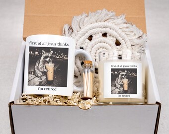 Retirement Gift Box, Funny Care Package, Mug Candle Set Box, Retired Gift Basket for Nurse Police Firefighter, First of All Jesus Raccoon