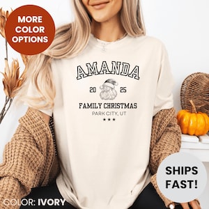 Custom Family Christmas Shirt Comfort Colors Matching Family Christmas Tshirt Personalized Name Christmas Shirt Vintage Santa Varsity Shirt