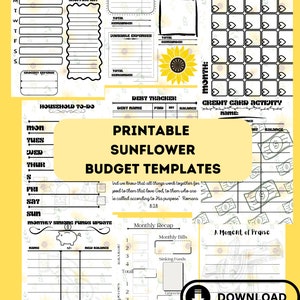 Plantillas imprimibles de planificador de presupuesto, Girasol, Descarga instantánea, Presupuesto por nómina, Calendario mensual sin fecha, Plan de comidas semanal, Registro de gastos