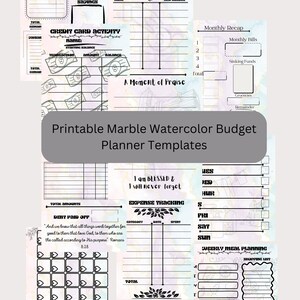 Plantillas imprimibles de planificador de presupuesto, acuarela de mármol, descarga instantánea, digital, presupuesto por cheque de pago, plan de comidas, seguimiento de gastos y más.