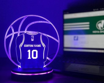 Custom Basketball jersey Wooden Stand Acrylic LED Night Lamp, Personalized Basketball lover NBA, basketball player, Sports , Birthday Gifts