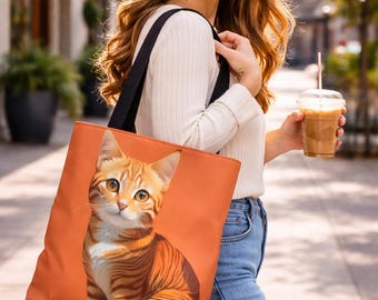 Oranje gestreepte draagtas | Leuke draagtas voor kattenliefhebber | Herbruikbare boodschappentas | Kat moedercadeau | Grappige kattentas | Draagtas met esthetische dieren