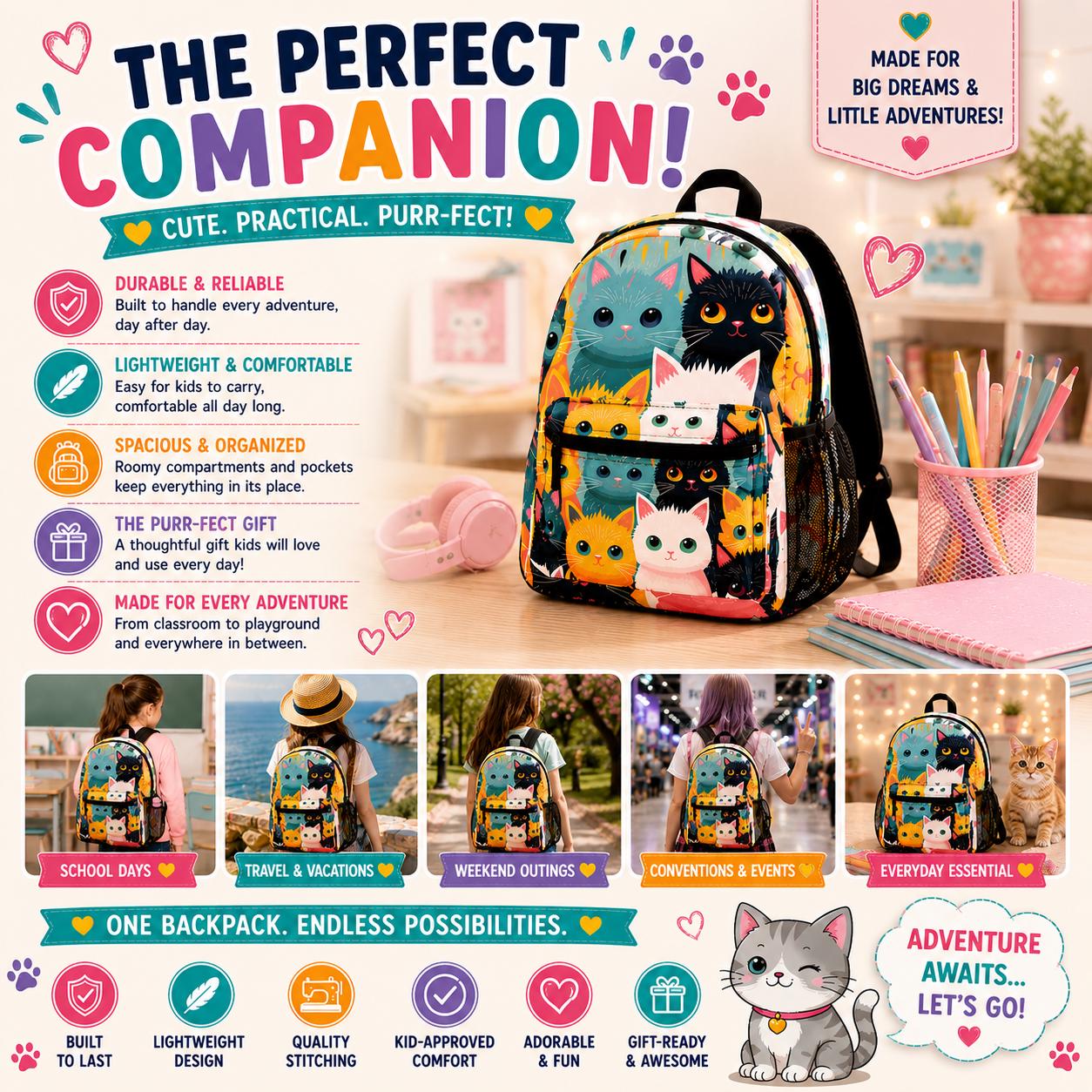 Cute Cat Backpack for School | Colorful Cat Bookbag | Cat Lover