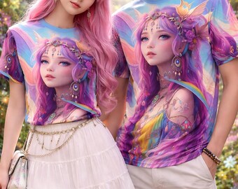 Anime Girl Rainbow Graphic Tee: Kawaii Harajuku Manga Shirt