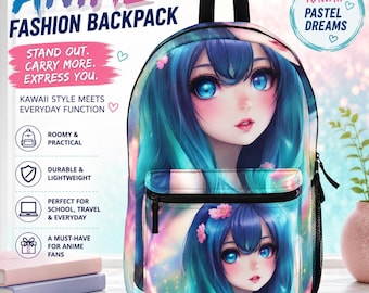Blue Haired Anime Girl Backpack, Kawaii Pastel Backpack, Anime School Bag, Cute Manga Backpack, Anime Lover Gift