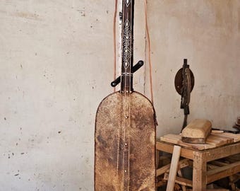 Handmade Moroccan Gnawa Guembri: Camel Leather & Willow Wood Bass Instrument