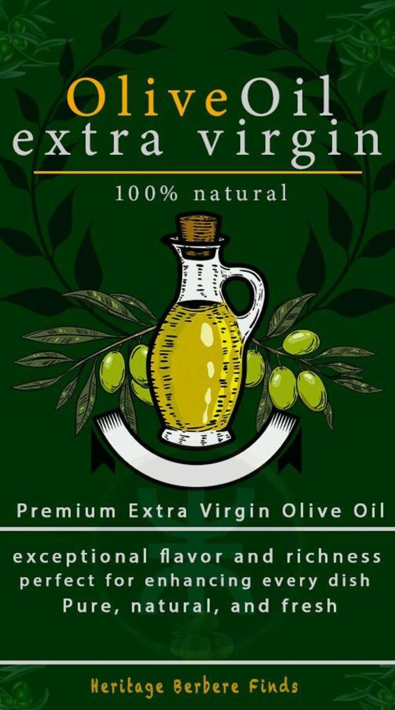 May include: A green and white illustration of a bottle of olive oil with a label that reads "Olive Oil extra virgin 100% natural". The bottle is surrounded by olive branches with green olives.