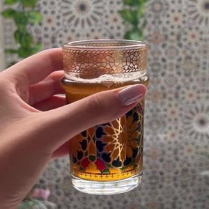 Hand-Painted Moroccan Tea Glasses - Golden Zellige Design, Set of 12