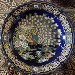 Vintage Moroccan Taous Plate with Peacock Design | 1970s Handcrafted Decorative Wall Plate | Collectible Moroccan Ceramic Art