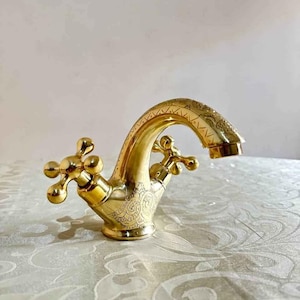 Handmade Moroccan Brass Faucet – Engraved Bronze Tap | Vintage Style Bathroom & Kitchen Sink Fixture | Artisan Faucet from Fès