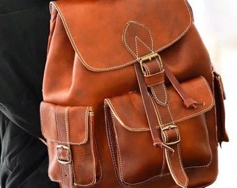 Handmade Moroccan Leather Backpack: Vintage Tan Travel Rucksack