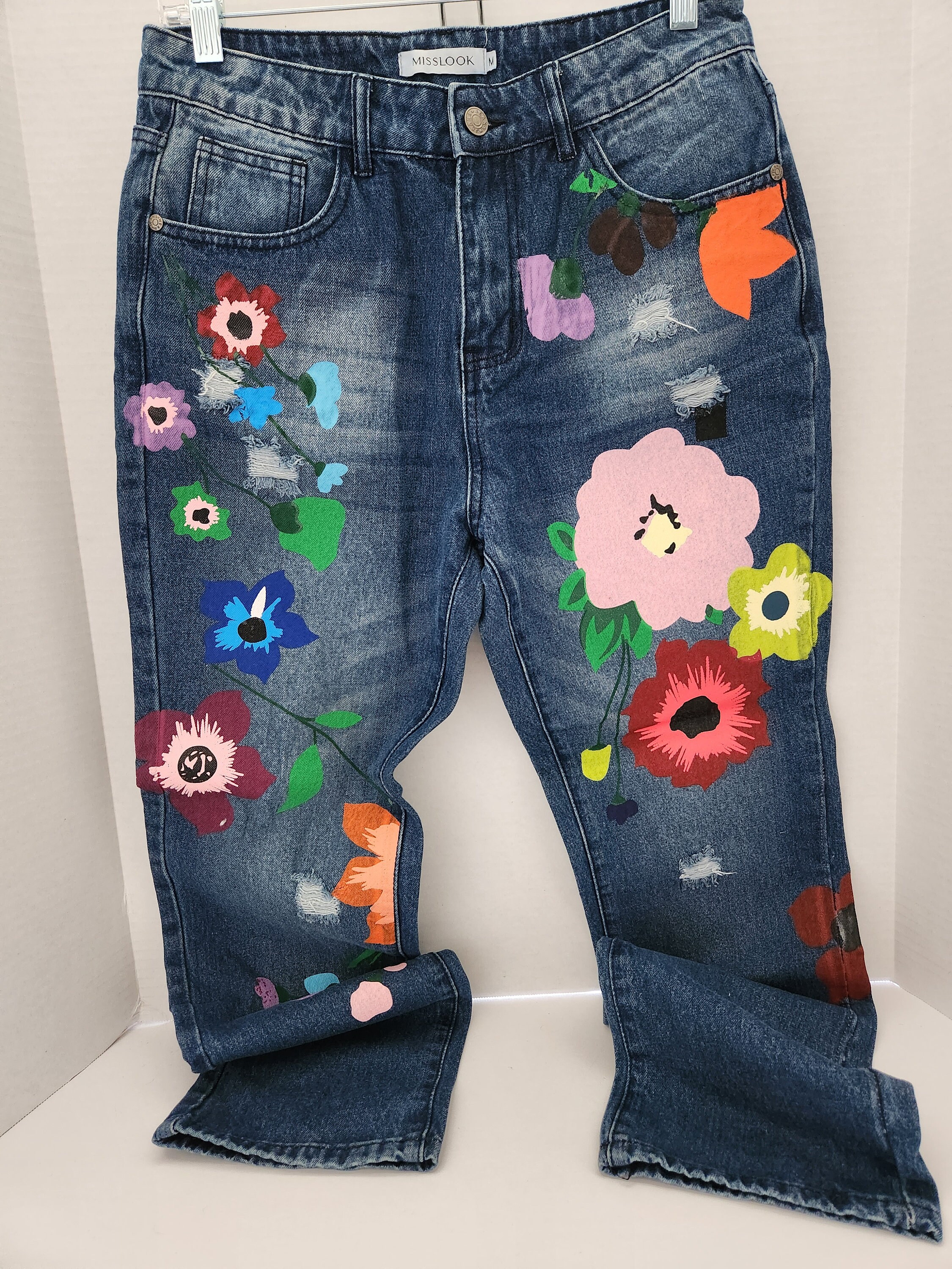 Hand Painted Flowers on Womans Denim Jeans Hippy Bohemian Unique One of a  Kind BOHO Flower Child 80's Look Distressed 