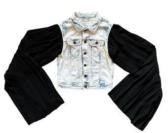 Upcycled Pleated Statement Sleeve Denim Jacket - Bleached Blue & Black