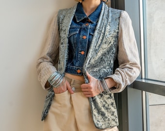 Upcycled two-toned velvet blazer with striped linen sleeves