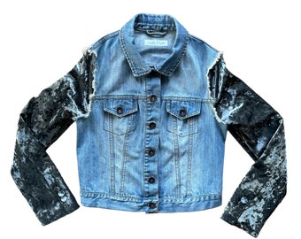 Upcycled Velvet Sleeve Hybrid Denim Jacket - Blue & Teal