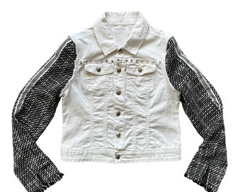 Upcycled Tweed Sleeve Hybrid Denim Jacket - Black & White