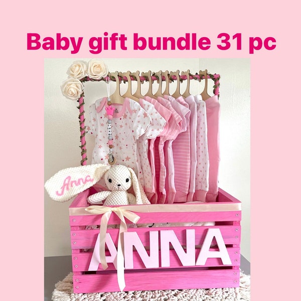 Newborn Baby Gift Wooden Crate Box , Baby Closet , Toy box, Custom Gift Set, Baby Shower Gift, Personalisation Baby Name Set, Baby Boy Set