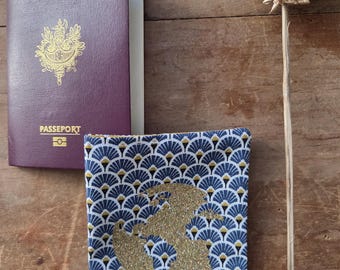Passschutzhülle, Reisepasshülle, Reise, japanisches Fächermuster, blau.