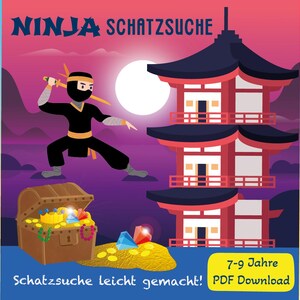 Ninja treasure hunt children's birthday party, ready-made scavenger hunt template as PDF to print out, 7-9 year olds, with invitations, puzzles and more!
