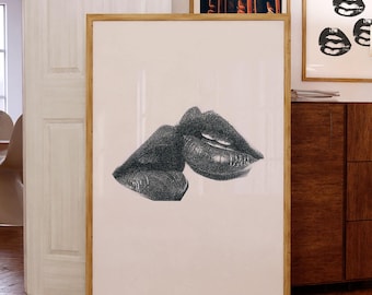 Lipstick Kiss Print, Vogue Prints, Cool Girl Wall Art, Newspaper Print, Photo Collage Poster, Abstract Woman Face, Beauty Poster, Aesthetic