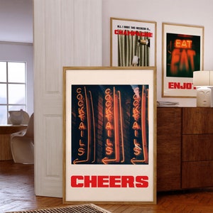 Polaroid Print, Retro Cocktail Wall Print, Cheers Sign, 70s Style Poster, Psychedelic Poster, Trendy Wall Art, Neon Light Art, Bar Cart Art