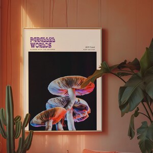 MUNDOS PARALELOS, Impresión de setas, Decoración de dopamina, Carteles trippy, Seta mágica, Psilocibina, Cartel psicodélico, Psicodélico, Impresión hippie