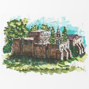 Framed print of old stone Monastery building, with a big stone wall and plants in a courtyard in old Jerusalem, the Holy Land