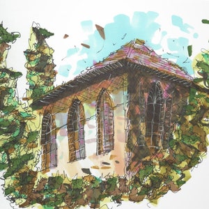 Impresión en cartón pluma de una casa antigua y antigua con arcos, techo de tejas y plantas en la antigua Jerusalén