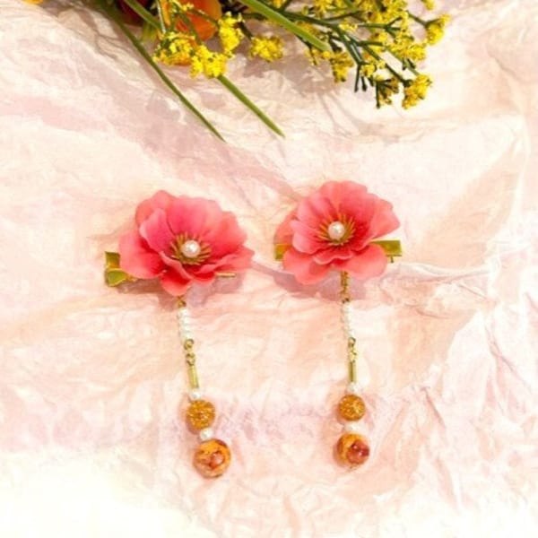 Pair of Chinese-Style Dangle Hair Bun Clips Pink Sakura Cherry Blossom Flowers