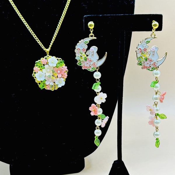 2 Piece Jewelry Set Pink White Sakura Cherry Blossom Flowers Yellow Butterfly Green Leaves and Bunny Dangle Earrings and Pendant Necklace