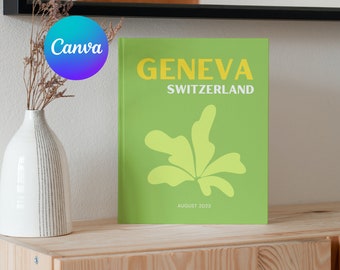 Genève reisafdruk fotoboeksjabloon | Aanpasbare koffieboektafel, reisdagboek afdrukbaar, decoratief boek, e-boeksjabloon Canva
