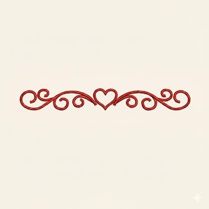 May include: A red embroidered design featuring a heart in the center, flanked by symmetrical scrollwork. The design is centered on a cream-colored background, creating a decorative border element.